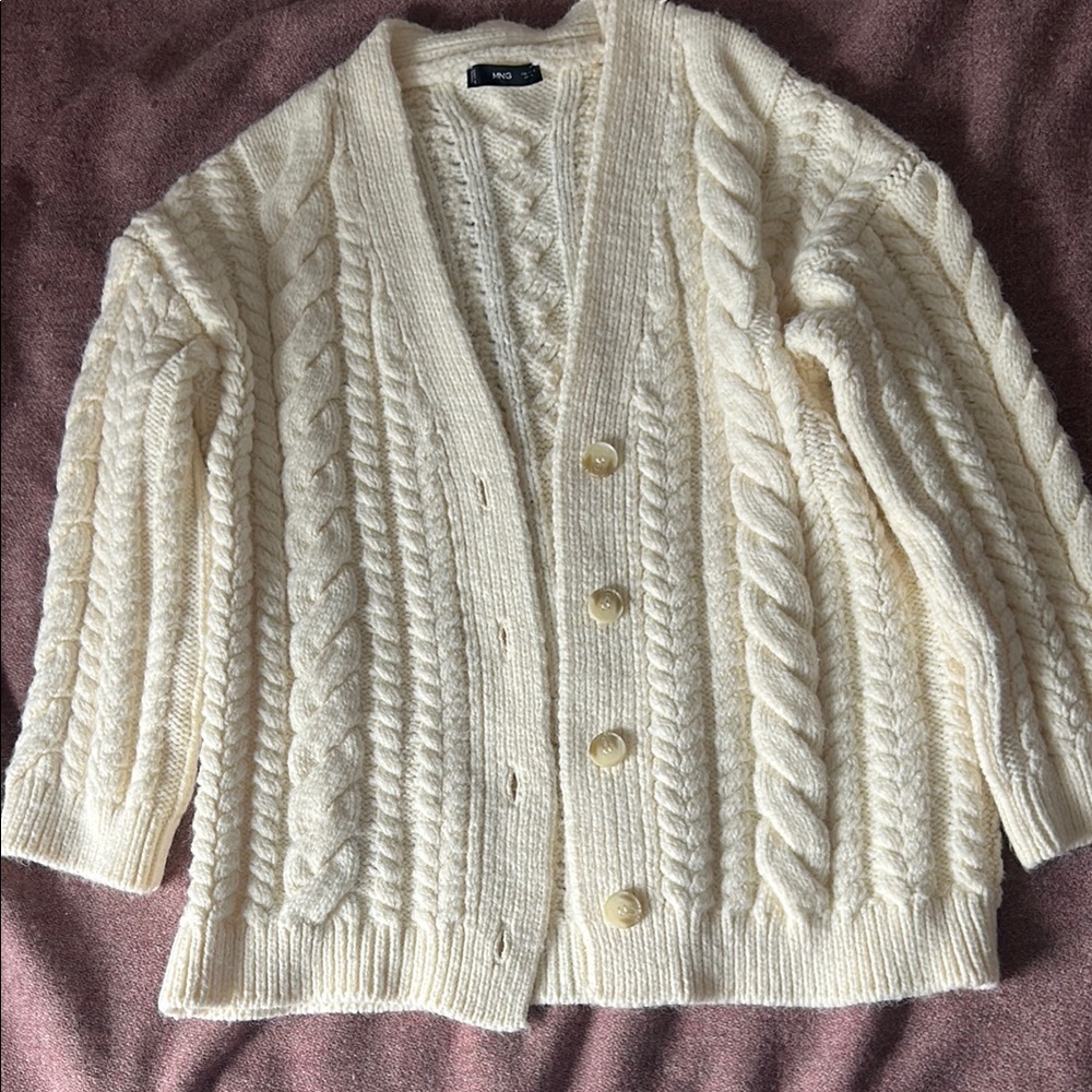 Mango Cream Cable Knit Cardigan Sweater